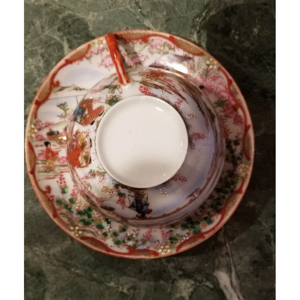 Antique Japanese Kutani Geisha Girl Hand Painted Cup & Saucer Set of 2